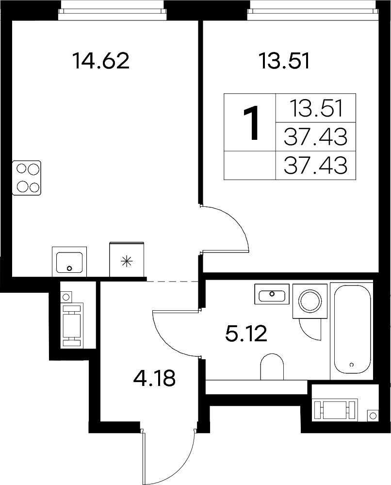 1-комнатная квартира 37.43 м², 5/18 эт., ЖК «Glorax City Василеостровский»
